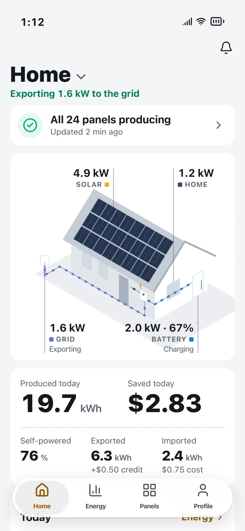 Startseite: alle 24 Module liefern Strom, ein live gezeichneter Energiefluss als Haus und die Zahlen von heute