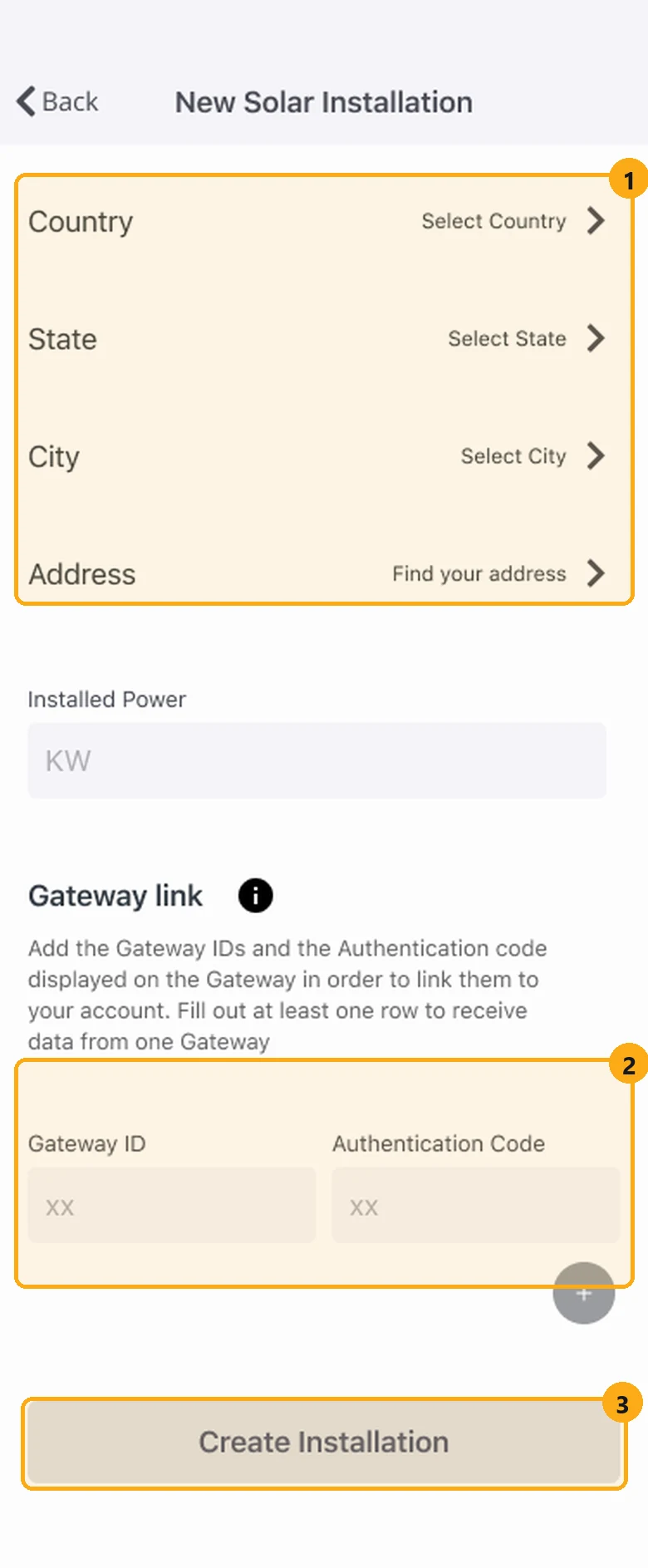 Unser Formular für eine neue Installation von 2021 mit markierten Standortauswahlen, Gateway-Codes und grauem Button