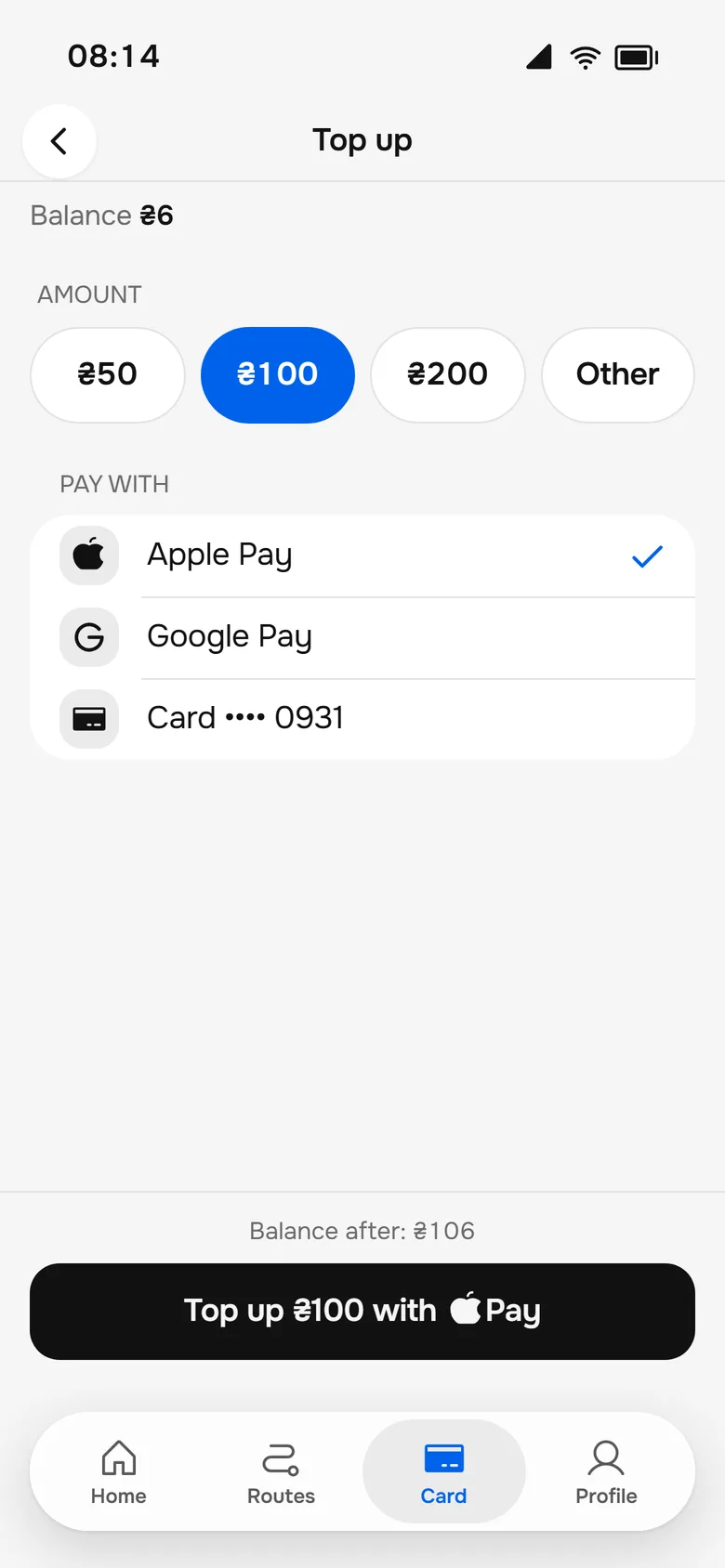 Das Aufladen 2026 mit Betragsauswahl und Apple Pay