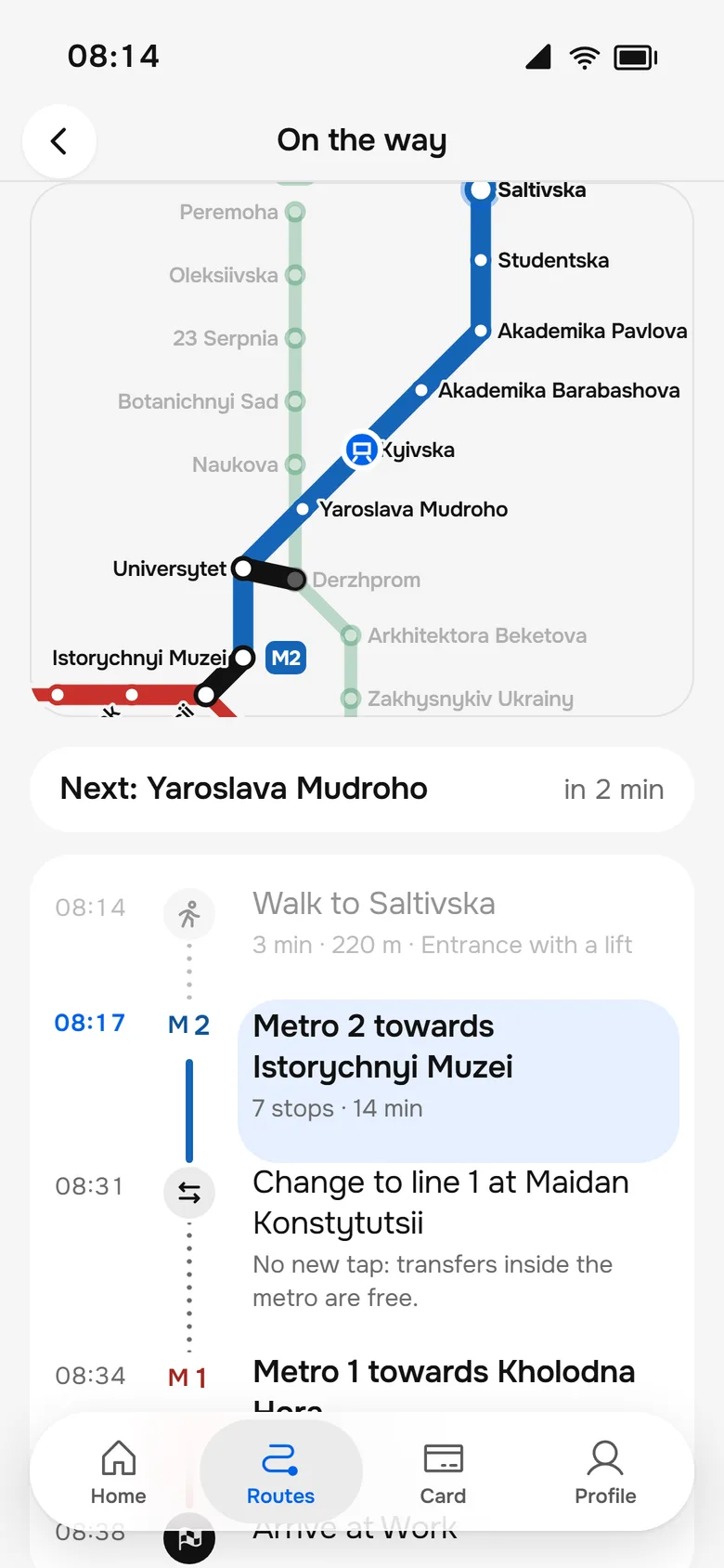 Live-Fahrt auf dem Metro-Plan mit nächster Station und Umsteigehinweis