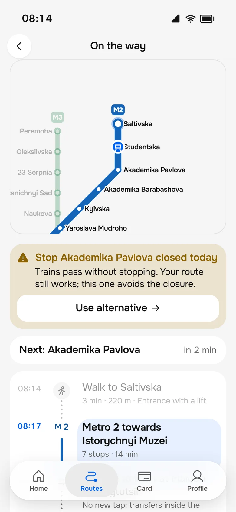 Hinweis auf Fahrplanänderung der Route mit einer alternativen Route