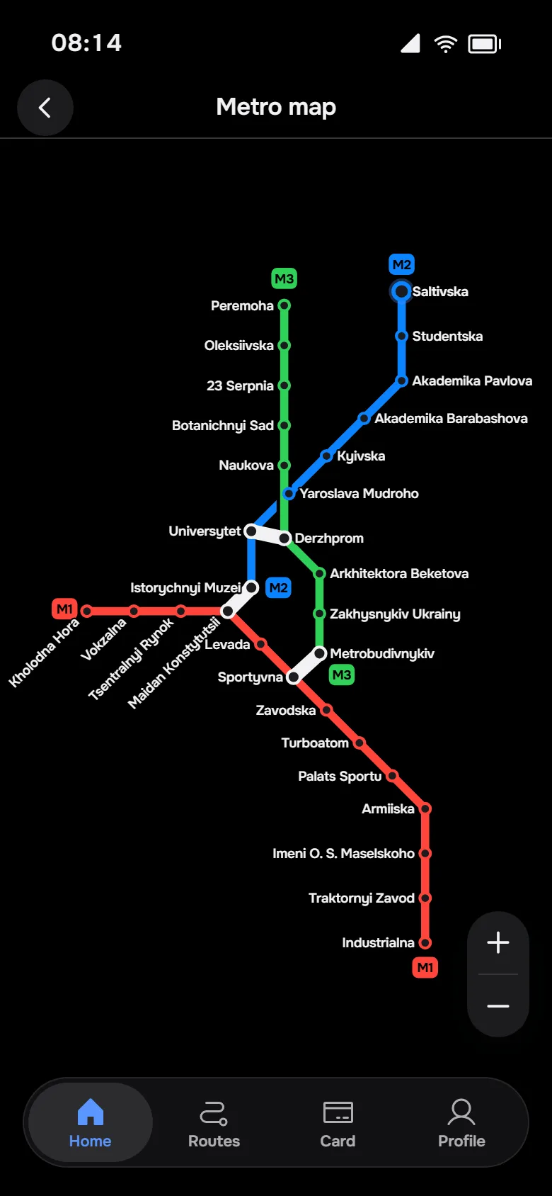 Metro-Plan im Dark Mode mit den drei farbigen Linien
