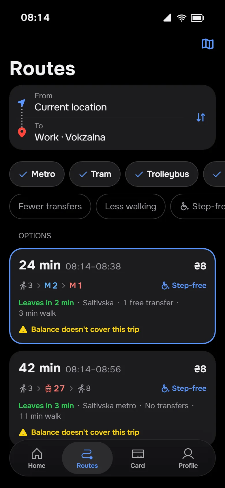 Routenoptionen im Dark Mode mit dem Fahrpreis