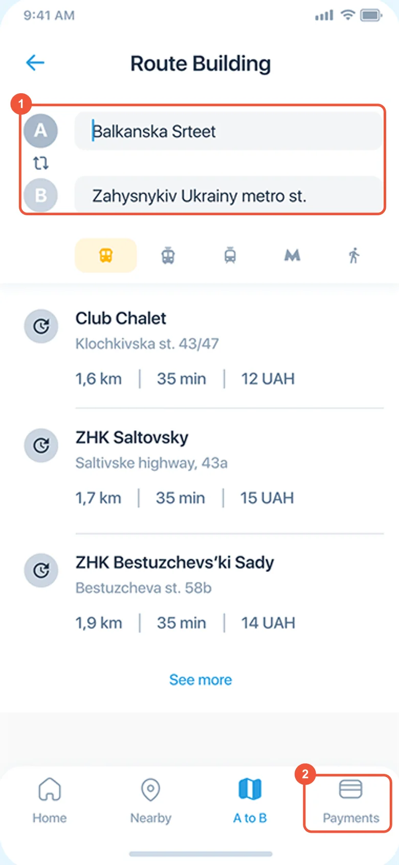 Unser Screen „Route planen“ von 2020, eine zweite Suche neben der Startseite, mit einem Tab namens Zahlungen, markiert