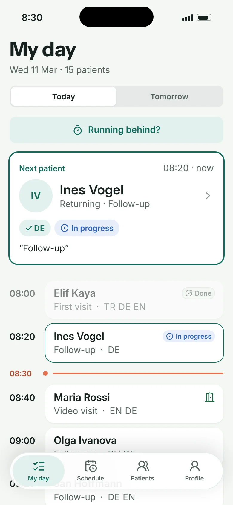 Mein Tag: nächste Patientin Ines Vogel mit Sprachen und Anlass, darunter der Tagesplan