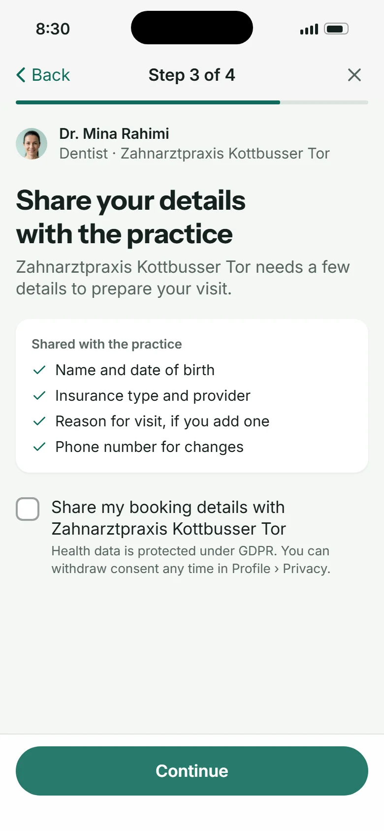 Daten mit der Praxis teilen: was geteilt wird, eine Checkbox, DSGVO-Hinweis