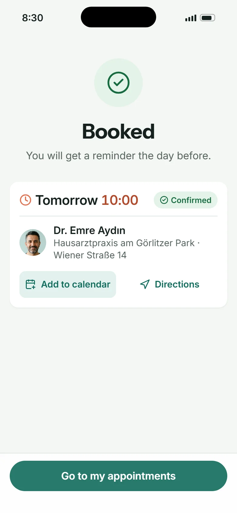 Gebucht: morgen 10:00, in den Kalender, Route