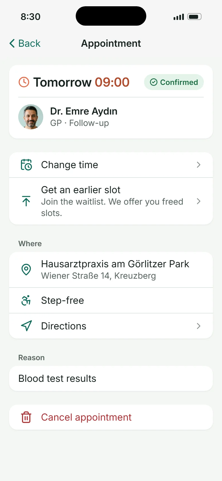 Termindetail: Zeit ändern, früheren Termin bekommen, Ort, Anlass, absagen