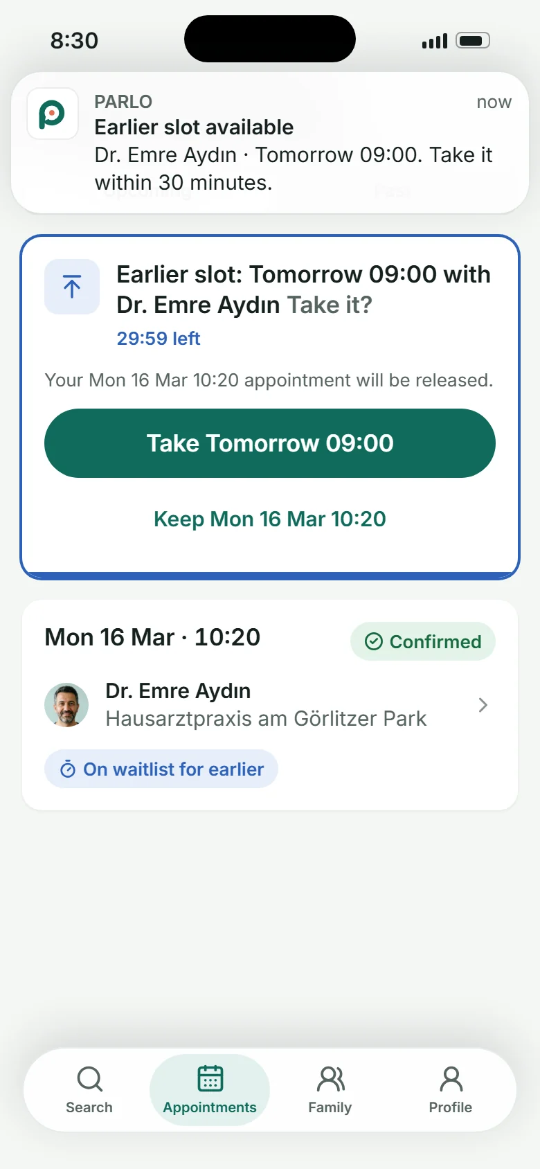 Push und Karte mit einem früheren Termin: morgen 09:00, noch 29:59 Minuten zum Annehmen