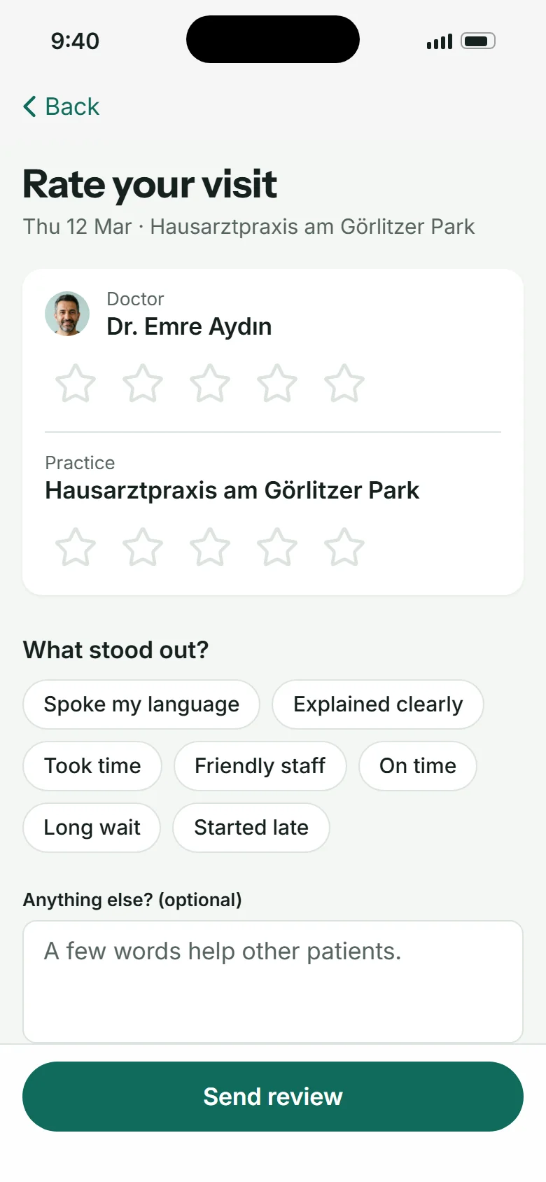 Besuch bewerten: Sterne für Arzt und Praxis, Gründe wie „Spricht meine Sprache“