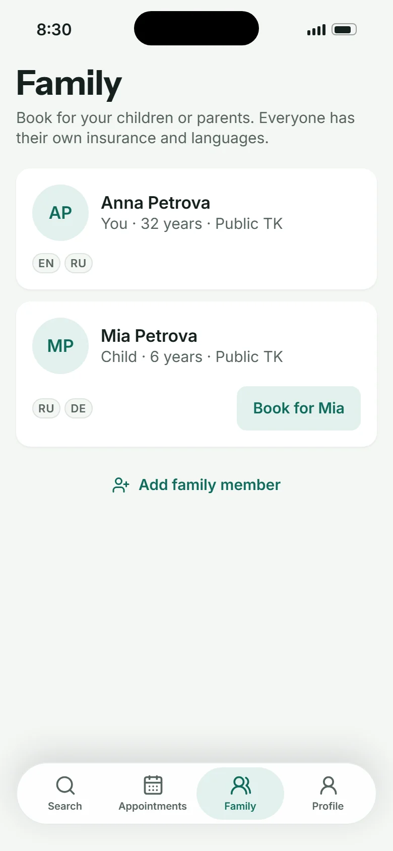Familie: Anna und Mia mit Versicherung und Sprachen, Für Mia buchen