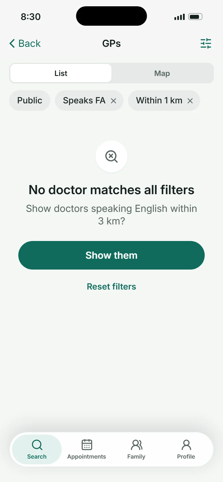 Kein Arzt passt zu allen Filtern, mit der nächsten Lösung: Ärzte mit Englisch im Umkreis von 3 km zeigen