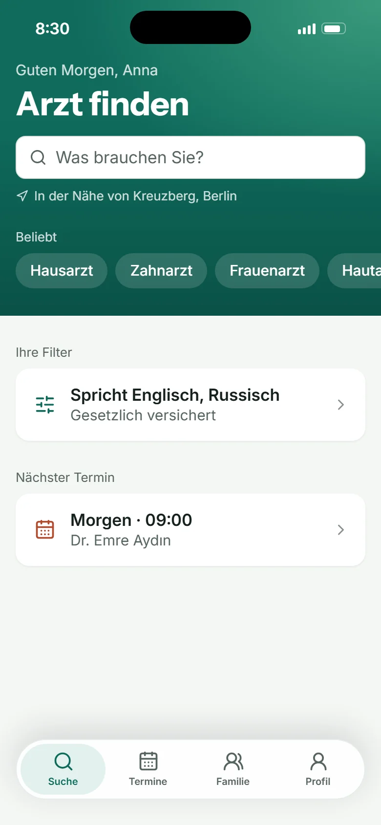 Die Startseite auf Deutsch: Guten Morgen, Anna, Arzt finden