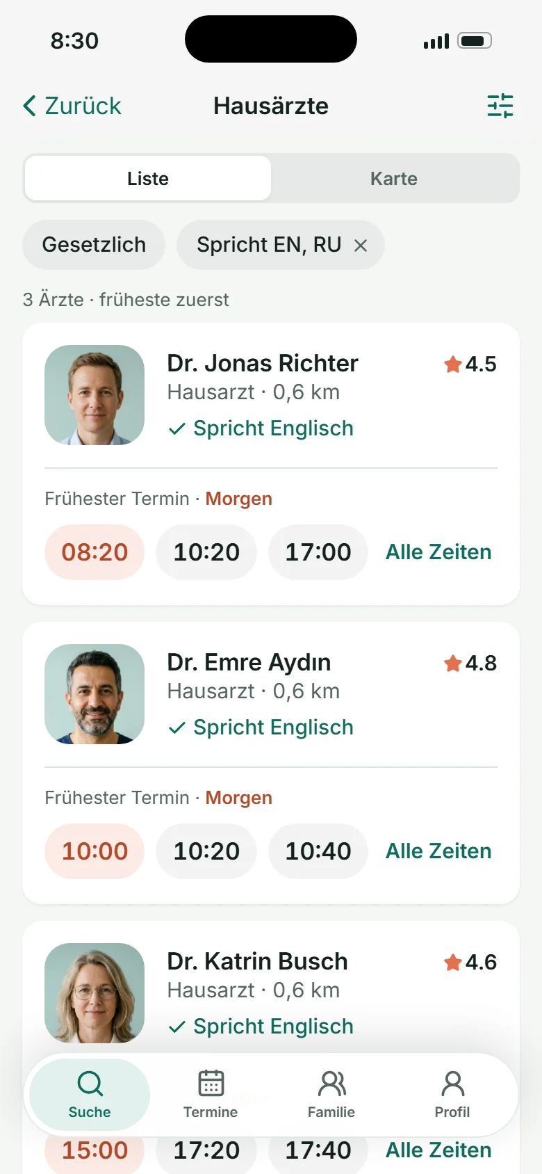 Ergebnisse auf Deutsch: Hausärzte, Frühester Termin, Spricht Englisch