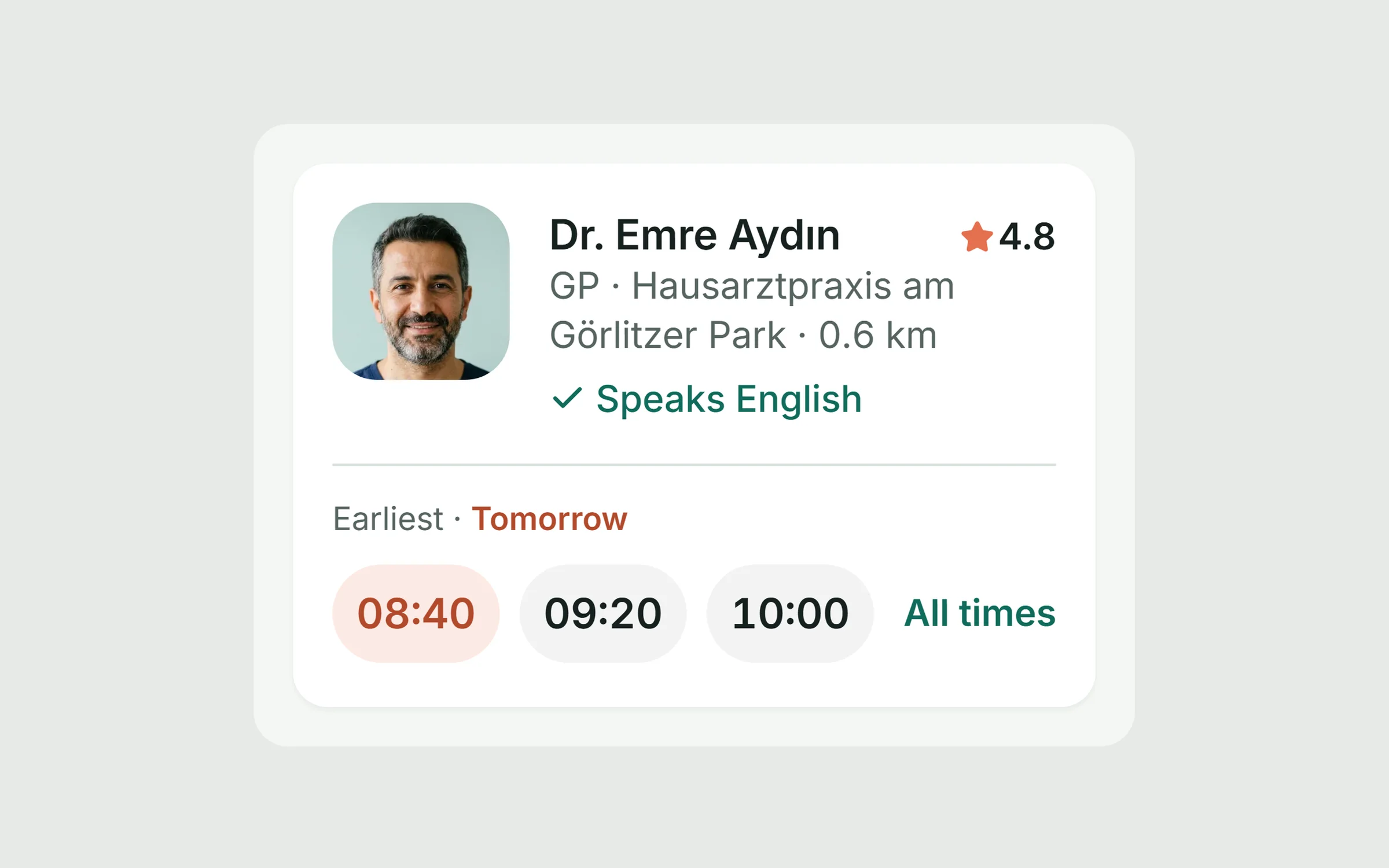 Storybook: das Pattern DoctorResultCard mit Controls