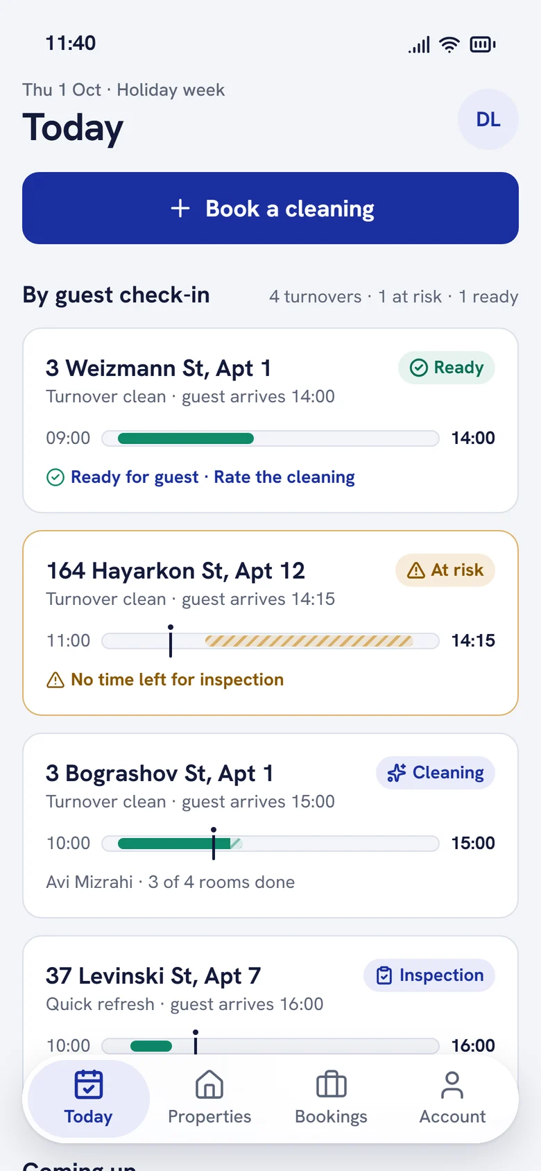 Heute-Screen des Property Managers: anstehende Wechsel nach Gast-Check-in sortiert, jeweils mit Balken für das Zeitfenster
