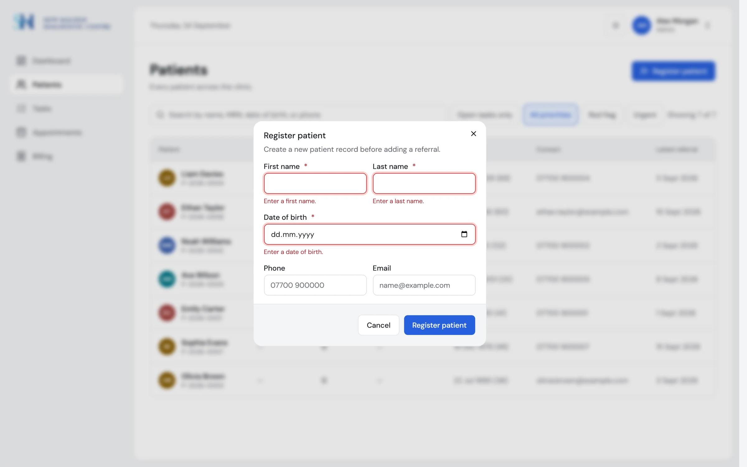 The register patient dialog showing errors under three empty required fields