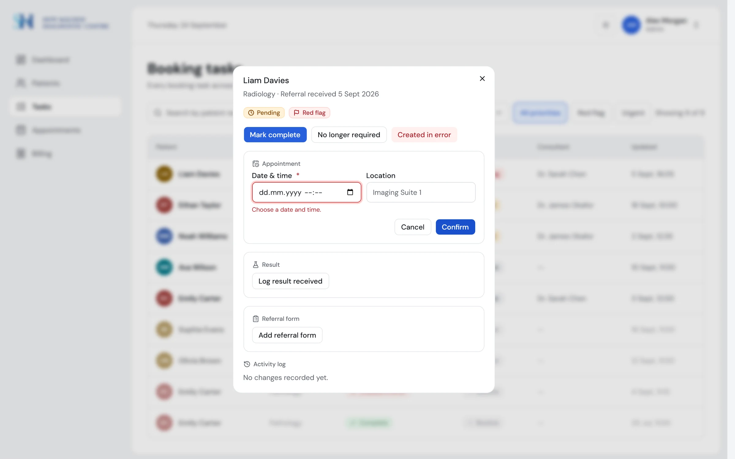 The schedule form showing an error for a missing date