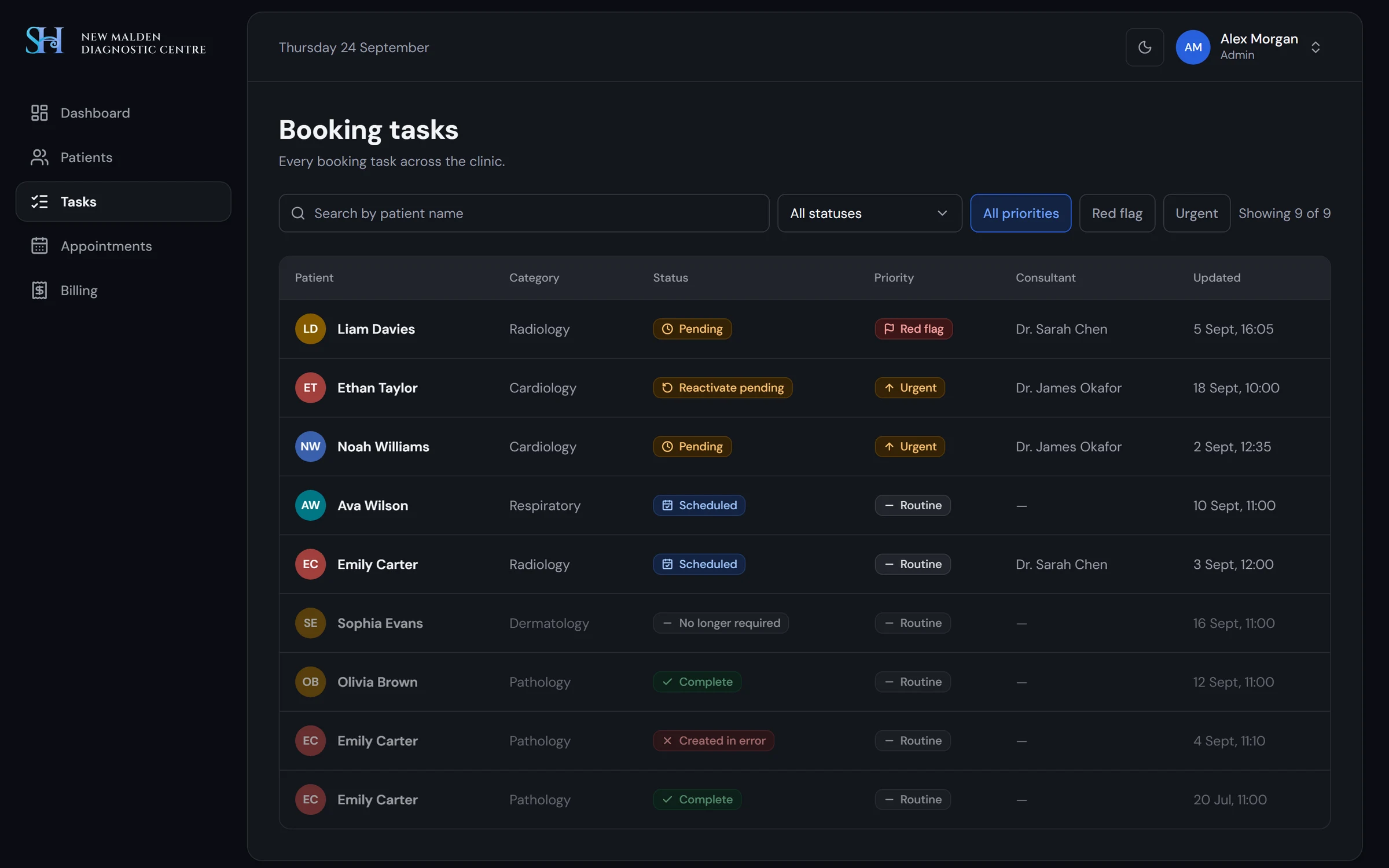 The task list in the dark theme