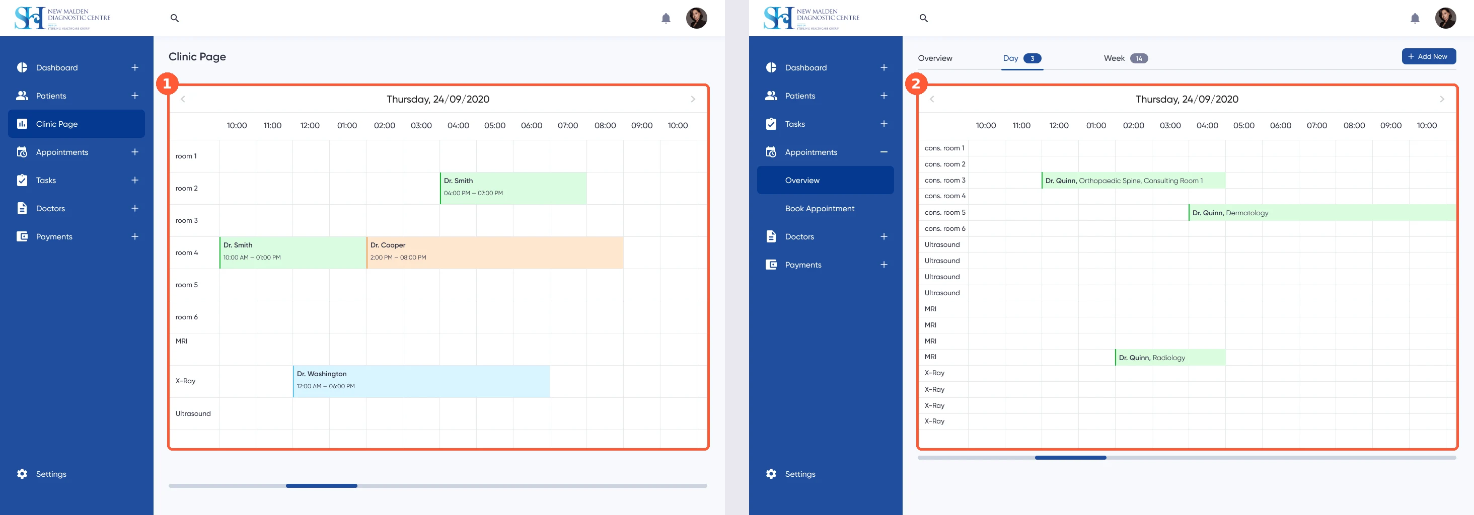 Two of our 2020 screens side by side: the Clinic Page calendar and the Appointments day view, both a rooms by hours grid