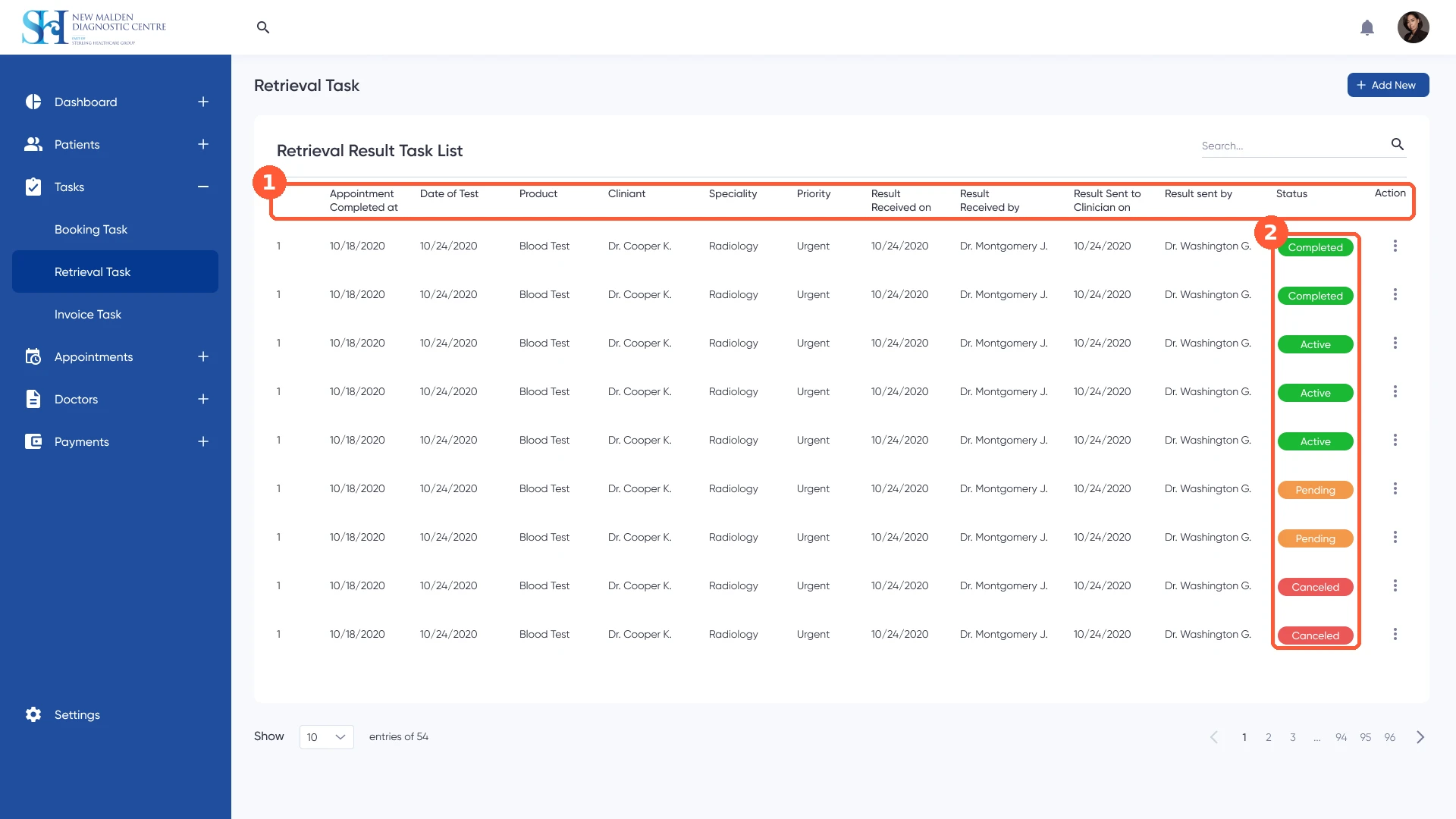 Our 2020 results list, with the header row and the status column marked