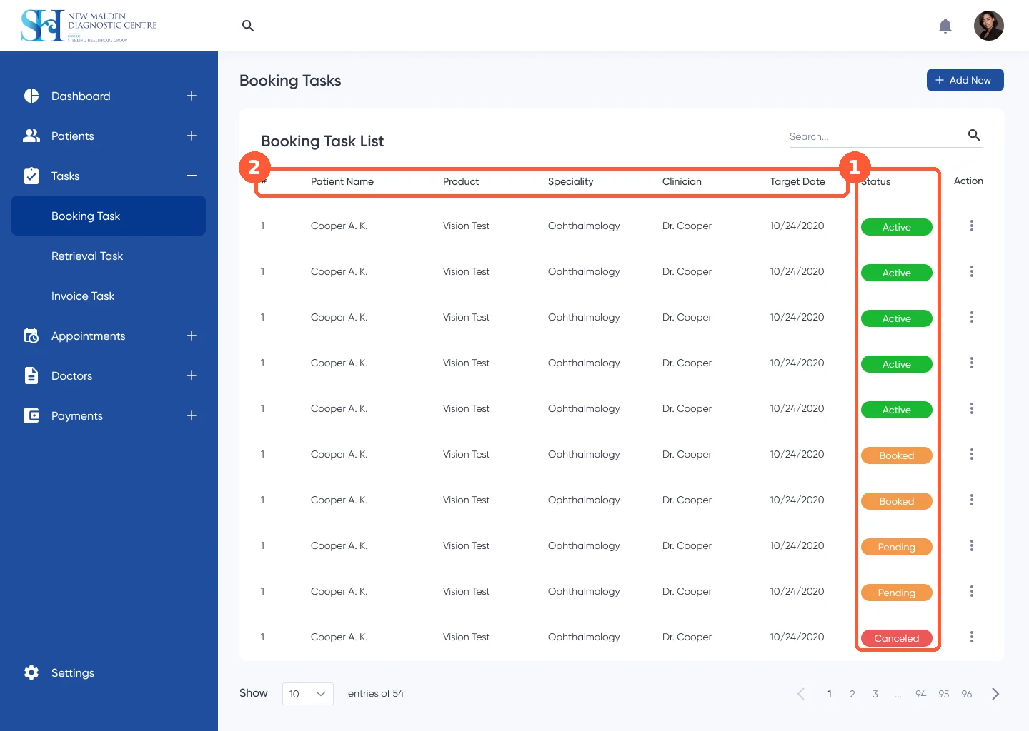 Our 2020 booking task list, with the status column and the header row marked